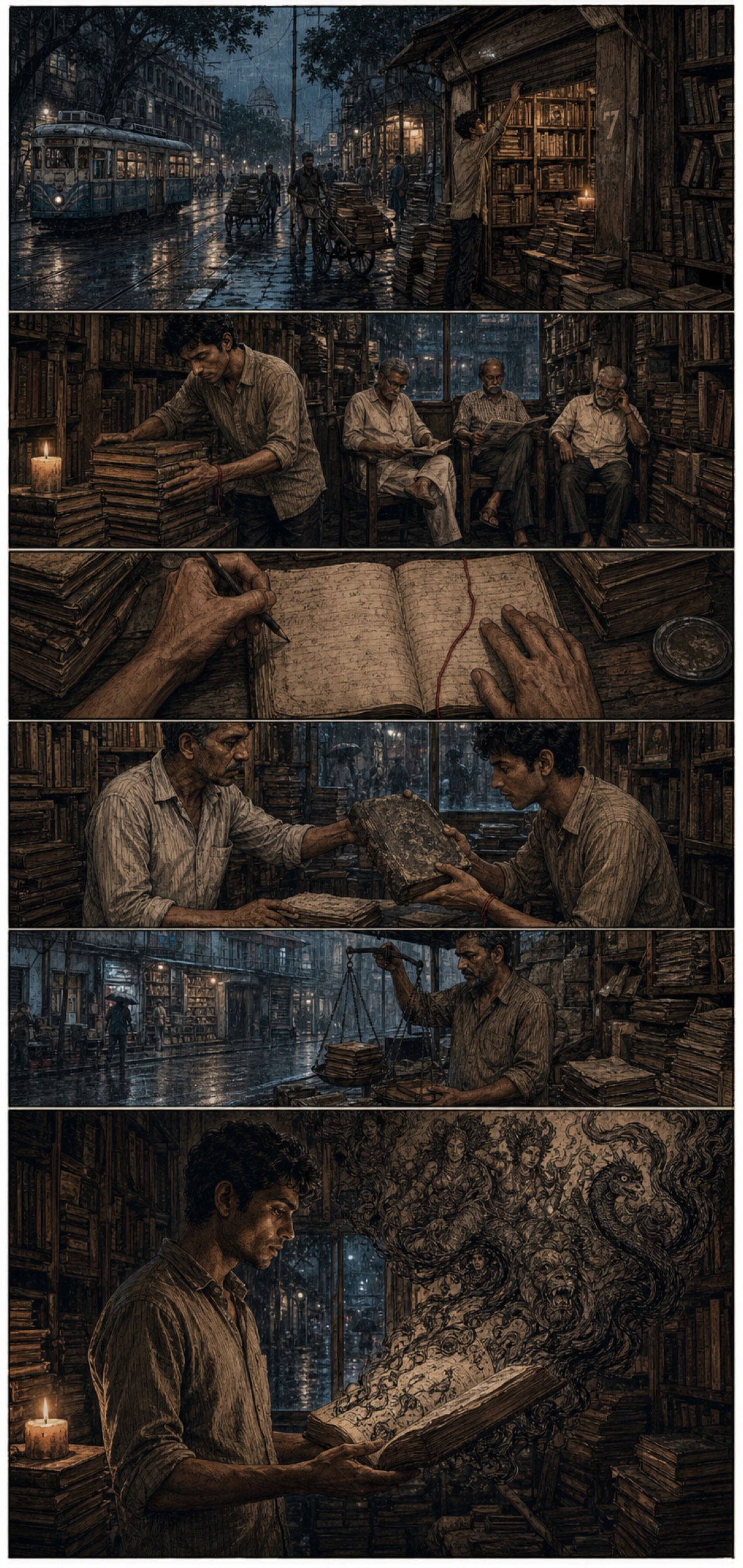 Crysthope inside his rain-soaked bookshop at the beginning of his story