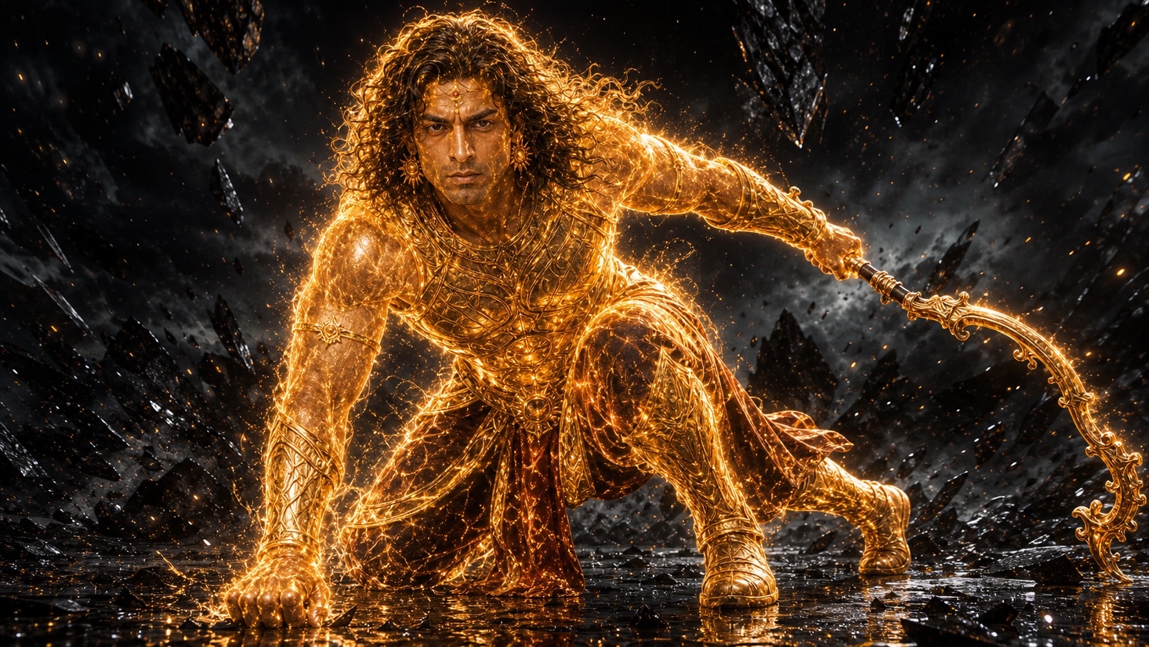 Karna lands on obsidian wrapped from head to toe in a continuous protective layer of the sun