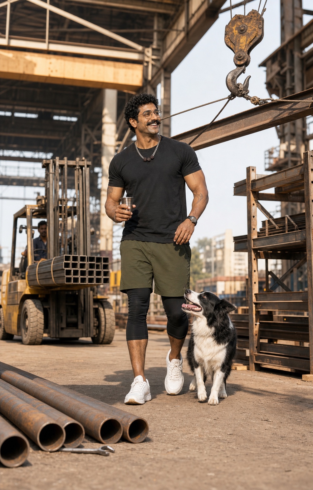 Barish and his Border Collie wash their battered red scooter beside a tea stall on an alien coast