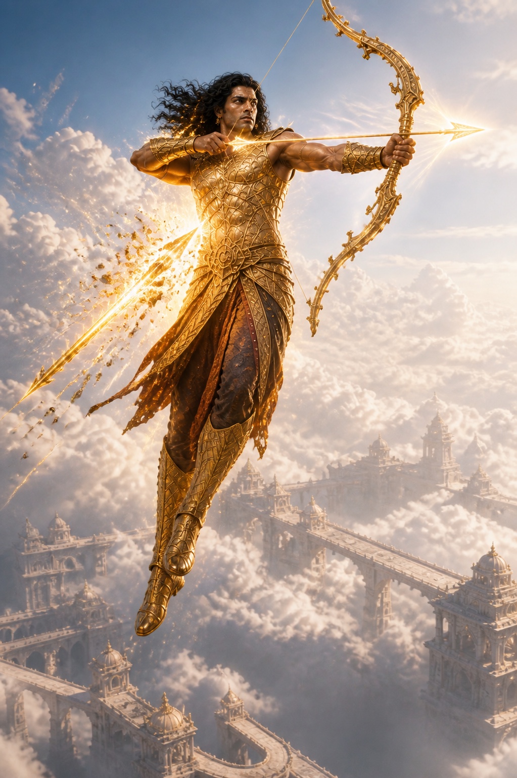 Karn hovers above a celestial causeway and gives a sacred solar ornament to the defeated attacker who asks for it