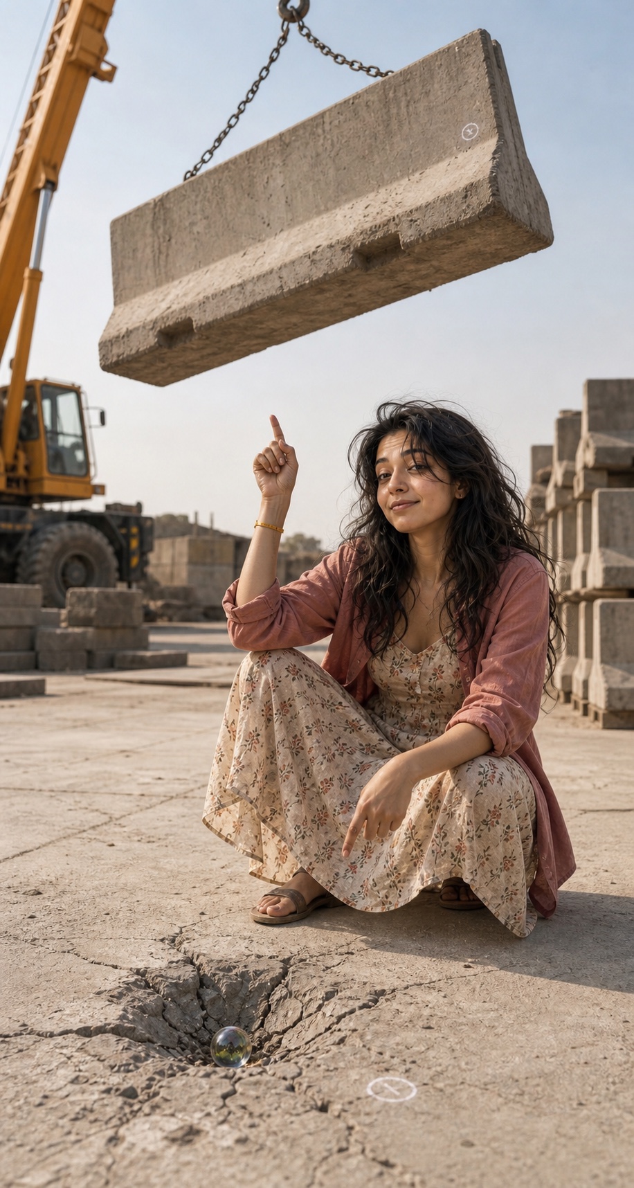 Mehr eats an ice candy while a red scarf supports a train and a steel beam hangs like fabric
