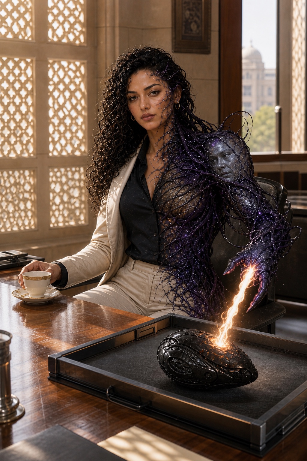 Tanya directs an impossible evidence chamber as alien biology moves around her