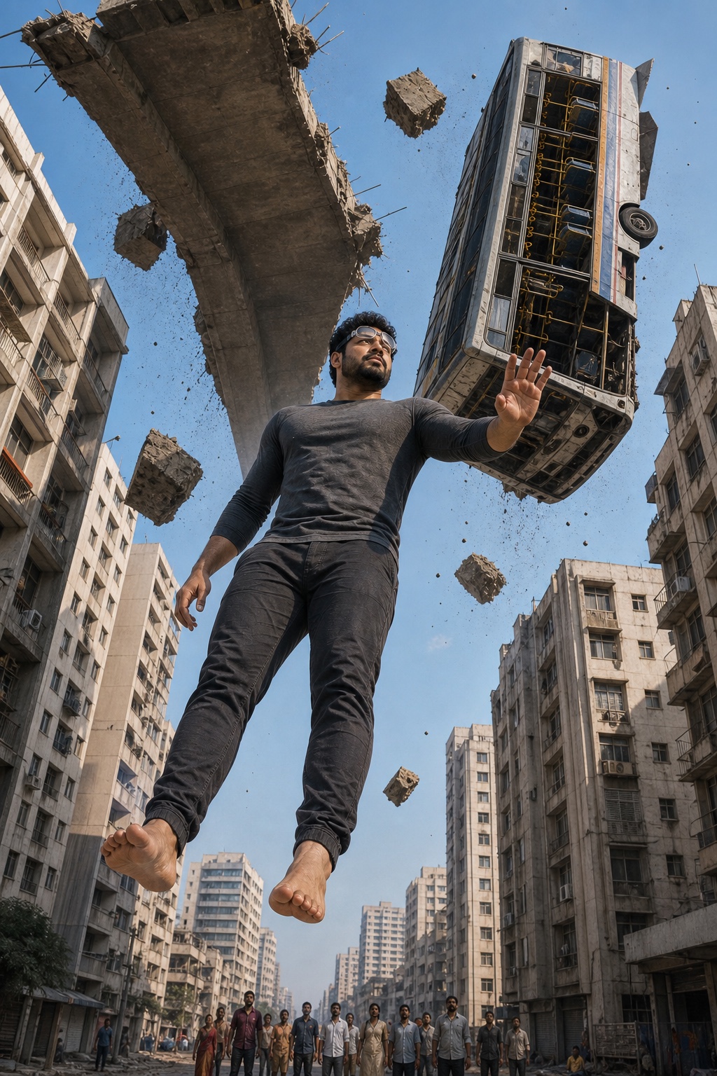 Yuhan stands barefoot on the vertical wall of a stepwell while a bus, water and broken stone fall in different directions