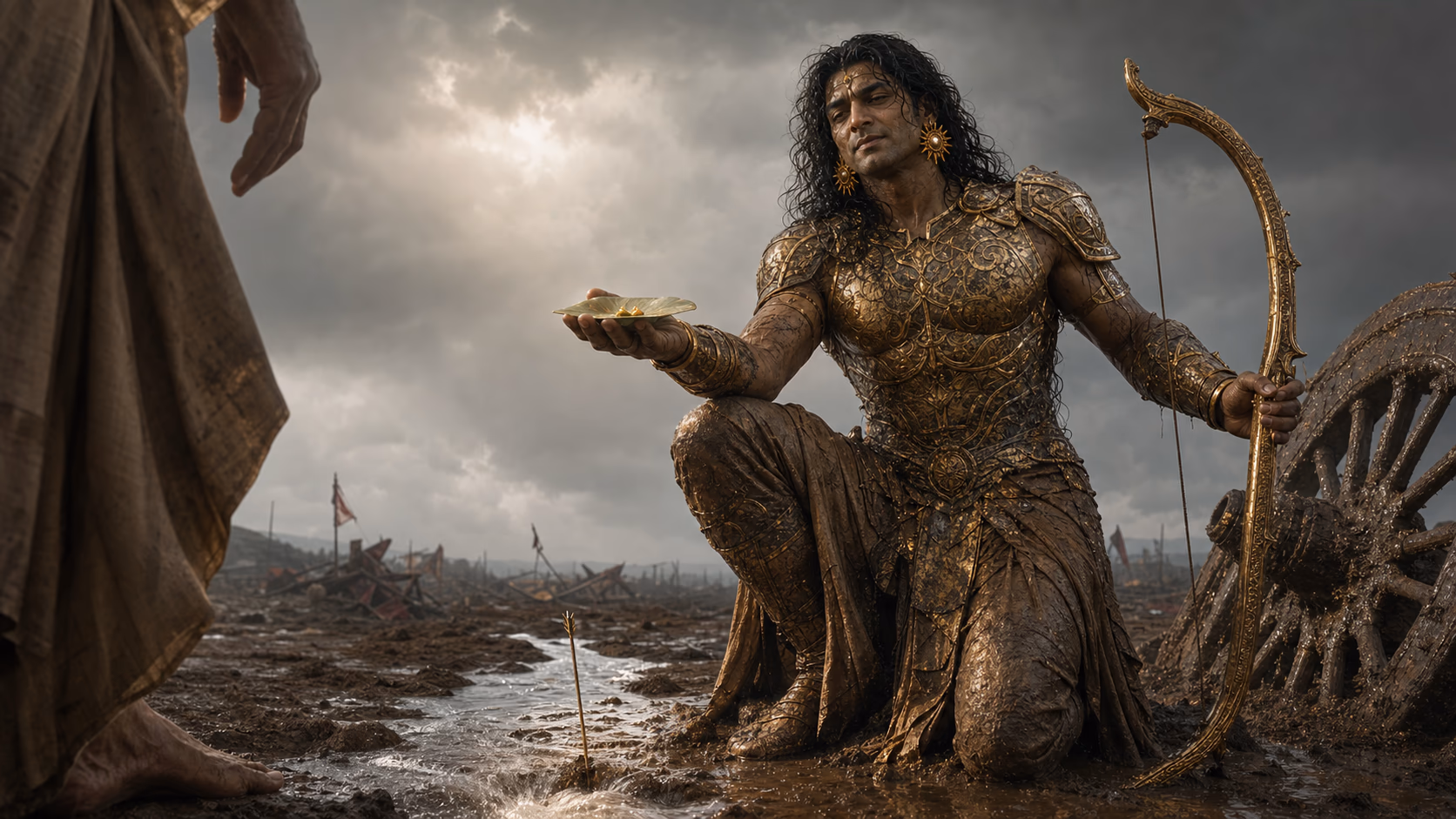 A dying Karn offers his final gold beside the wheel of his ruined chariot after the monsoon battle