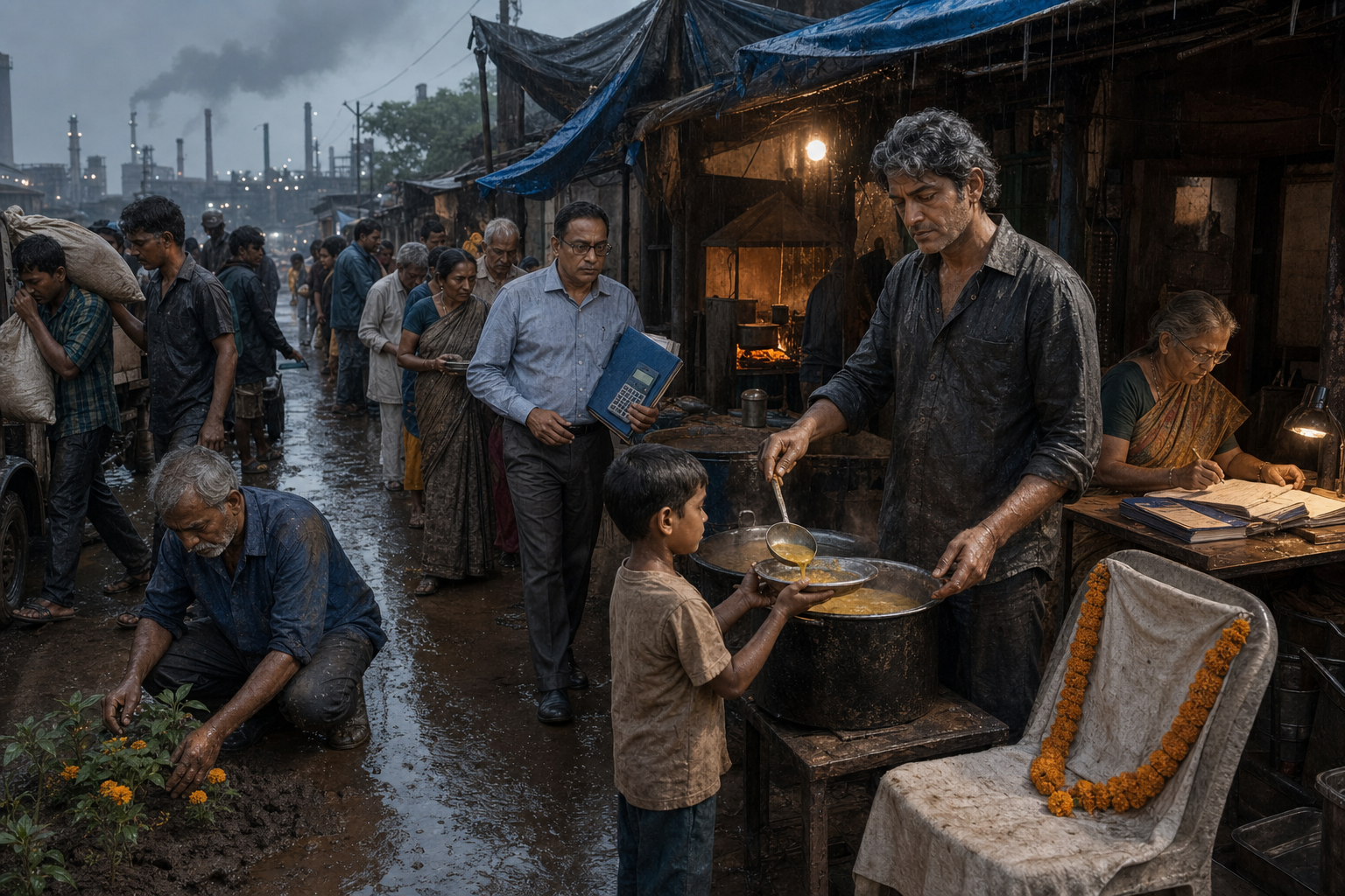 An intergenerational langar line works through monsoon rain beside the Bhilai steelworks