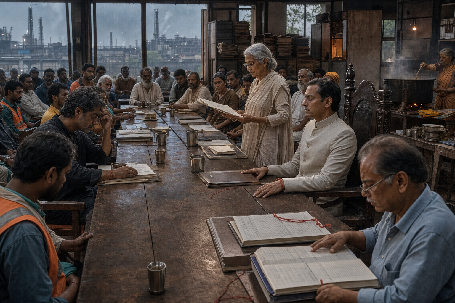 The courts of heaven and earth convene around seven joined tables at a roadside kitchen