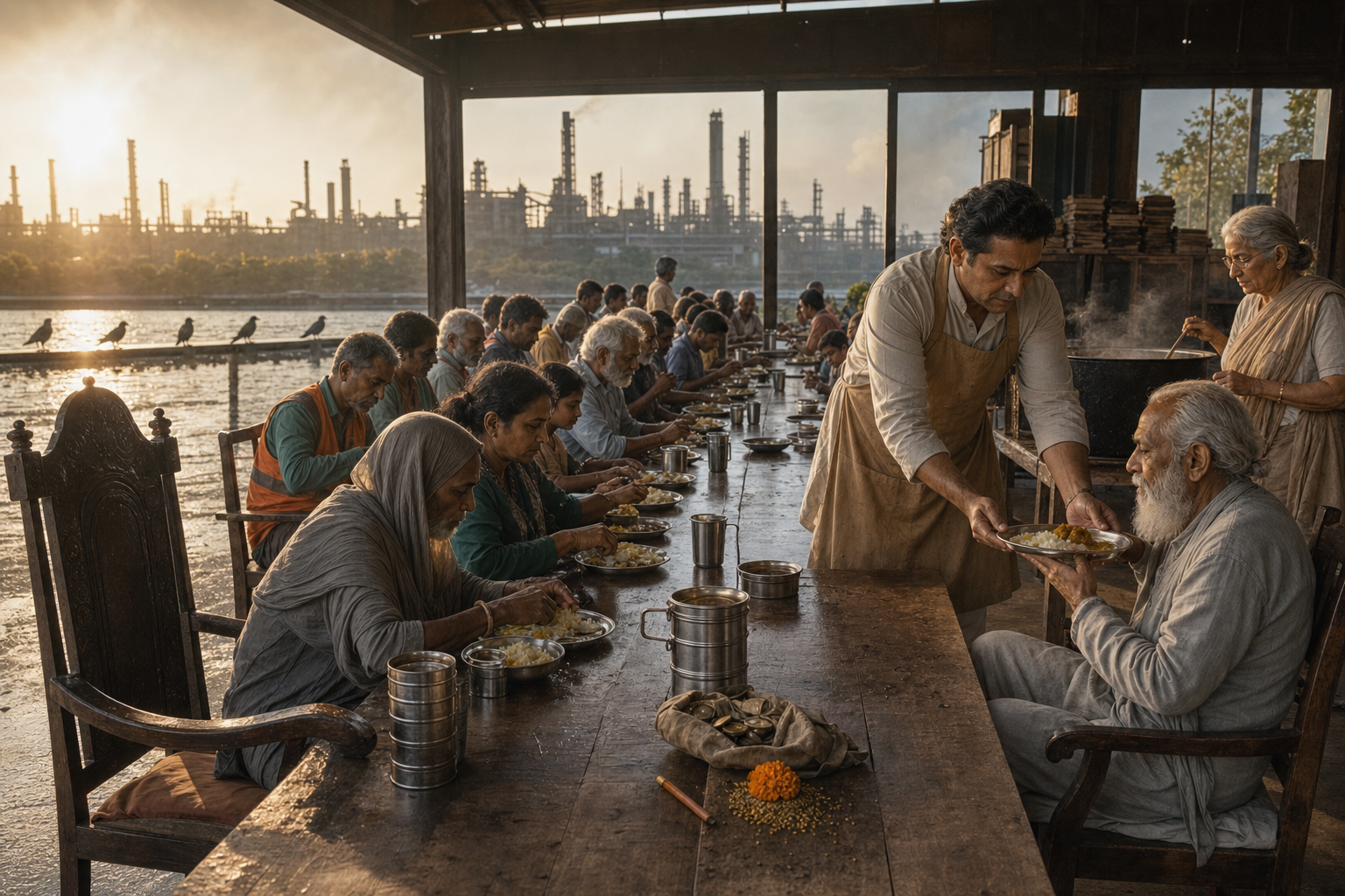 An old man with no shadow is served rice at dawn at the long table of the fed